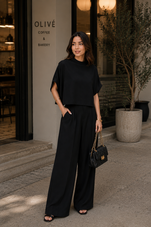 Woman in black outfit