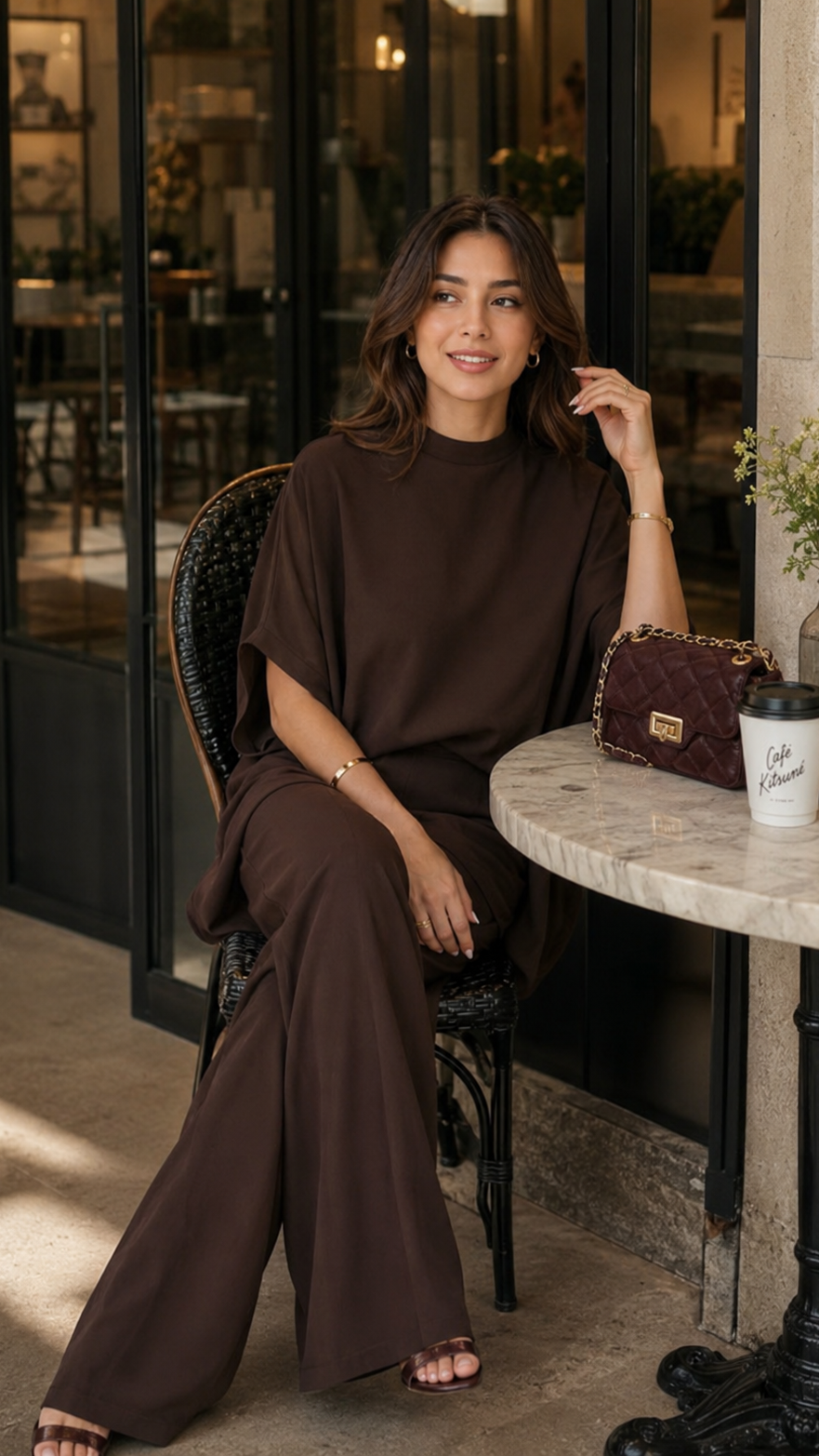 Woman in a brown outfit sitting at a cafe table with a handbag and coffee cup.