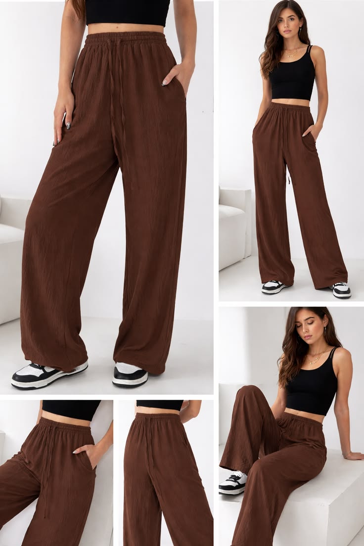Wide Leg Crinkle Brown Pants