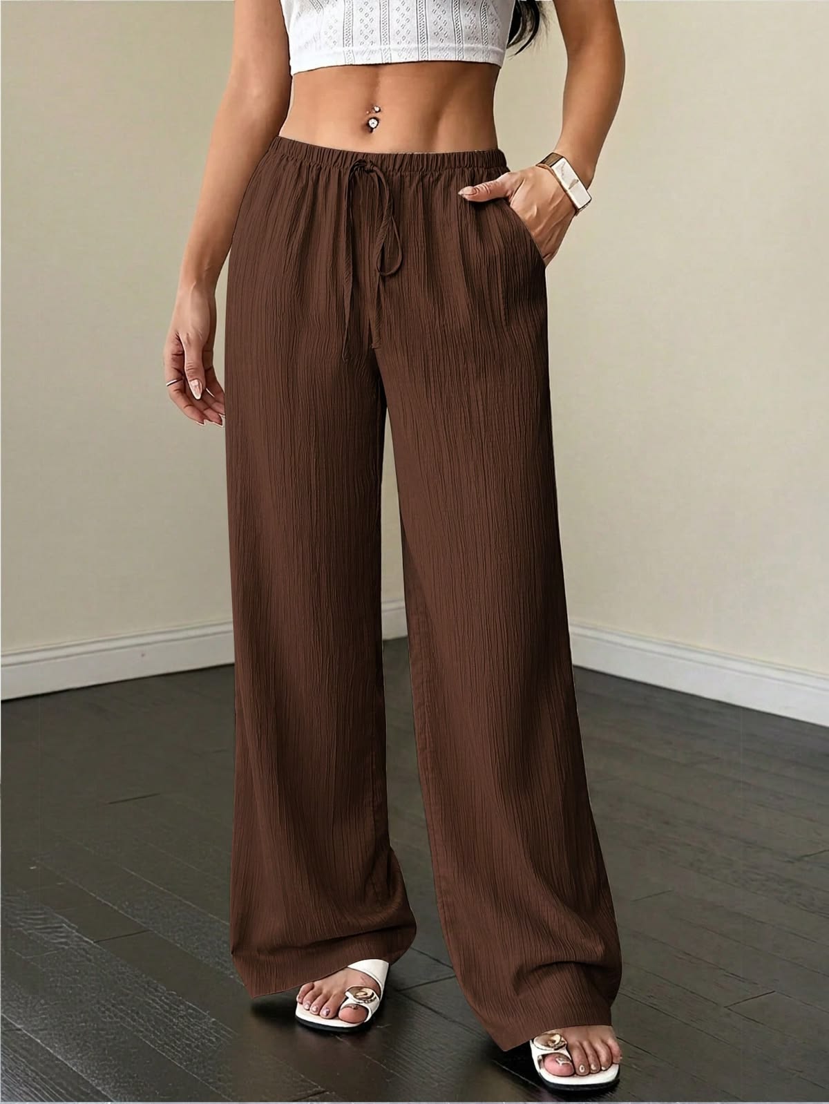 Wide Leg Crinkle Brown Pants