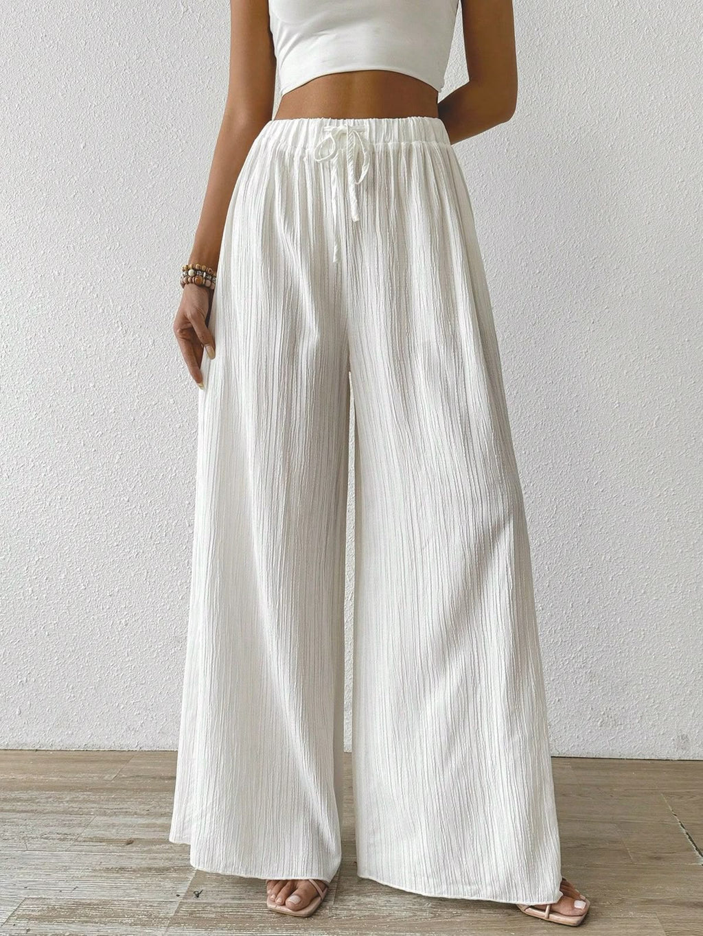 Wide-Leg Crinkle White Pants